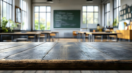 Empty Classroom Desk with Wooden Surface and Blurred Background, Perfect for Product Display or Mockup