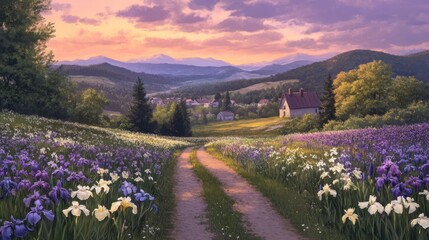 A Path Through a Field of Purple and White Irises Leading to a Village at Sunset
