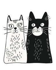 Funny black and white cats in flat cartoon style, doodle style, hand-drawn, on a white background