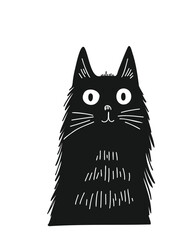 Charming black cat in a modern cartoon style, doodle style, hand-drawn, on a white background