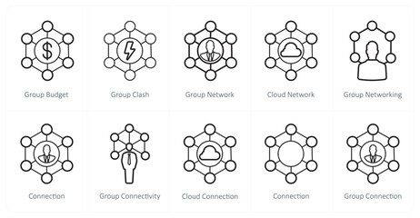 A set of 10 web marketing icons as group budget, group clash, group network
