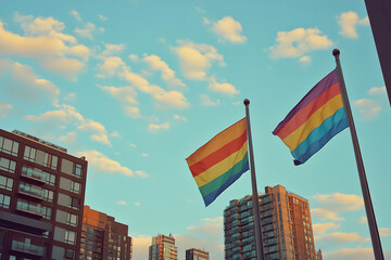 Colorful rainbow flags fluttering in the breeze against a bright sky in an urban setting during daytime. Generative AI