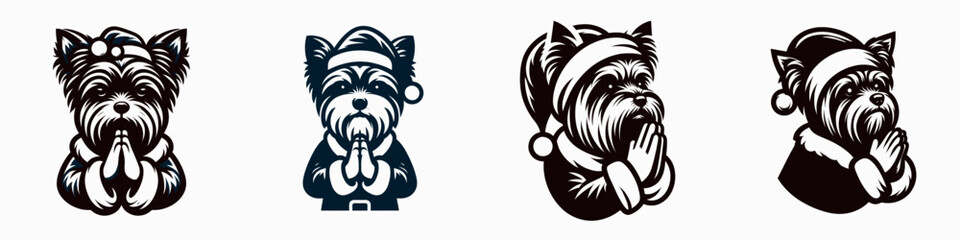 Obraz premium Yorkshire Terrier in Santa Claus Costume with Praying Hands