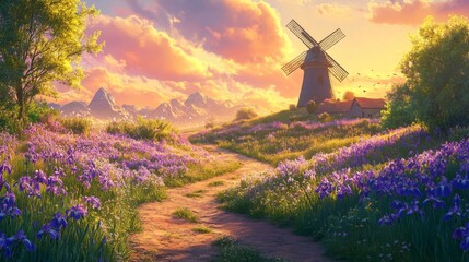 A Windmill in a Field of Flowers at Sunset