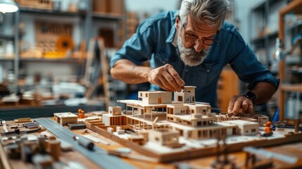 Crafting a detailed architectural model in a workshop filled with tools and materials during the afternoon. Generative AI