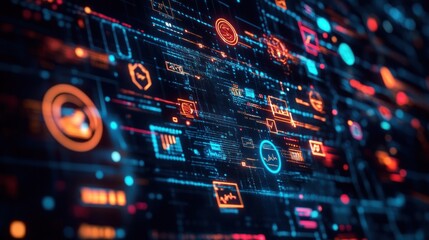 Obraz premium Abstract digital interface with glowing icons and data streams on a dark background.