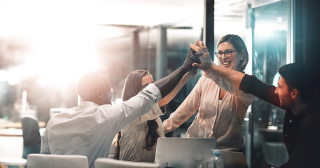 High five, collaboration and business people in celebration in the office for project success....