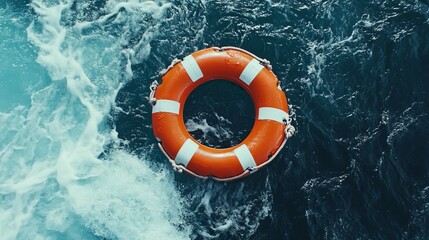 Orange Life Preserver Adrift in Turbulent, Stormy Ocean Water, Concept for Rescue and Survival