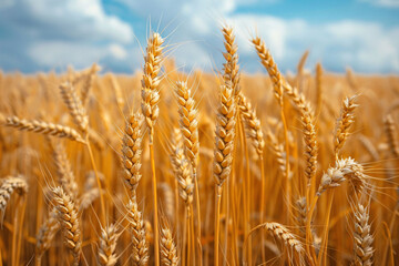 Fototapeta premium A vast field of golden wheat glistens in the sunlight, with tall stalks bending slightly in the breeze under a clear blue sky filled with fluffy white clouds in the summer.