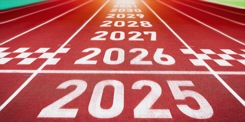 Start of new year. Changes of year 2025, 2026, 2027 on Running track. Concept of new ideas starting...