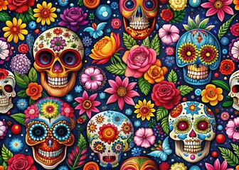 Colorful Floral Sugar Skulls Pattern for Day of the Dead Celebrations