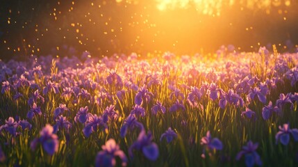 Naklejka premium Purple Iris Flowers in a Field with Golden Sunset Light
