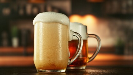 Two Beer Glasses Placed on Bar Counter.