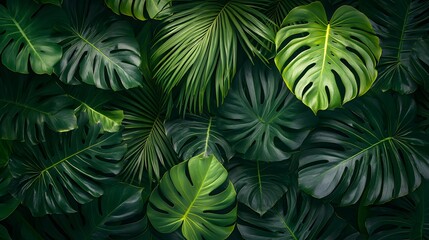 Top view of a tropical plant arrangement with monstera leaves and palm fronds