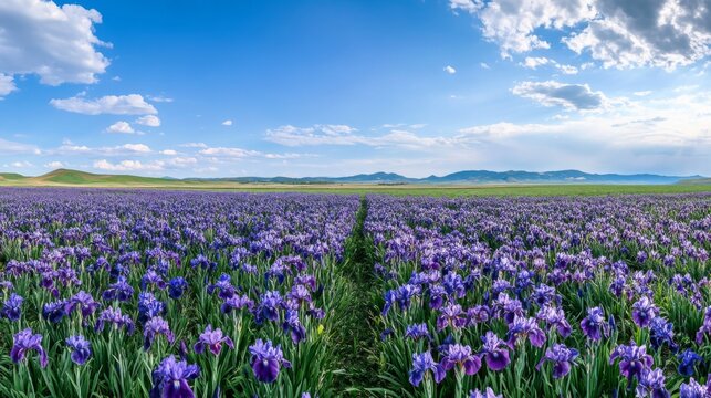 A vast field of purple irises in bloom under a blue sky with white clouds
