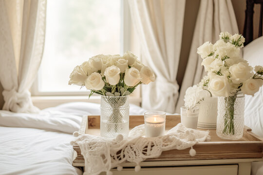 Wedding gifts and flowers in an elegant white bedroom, post-processed, generative ai
