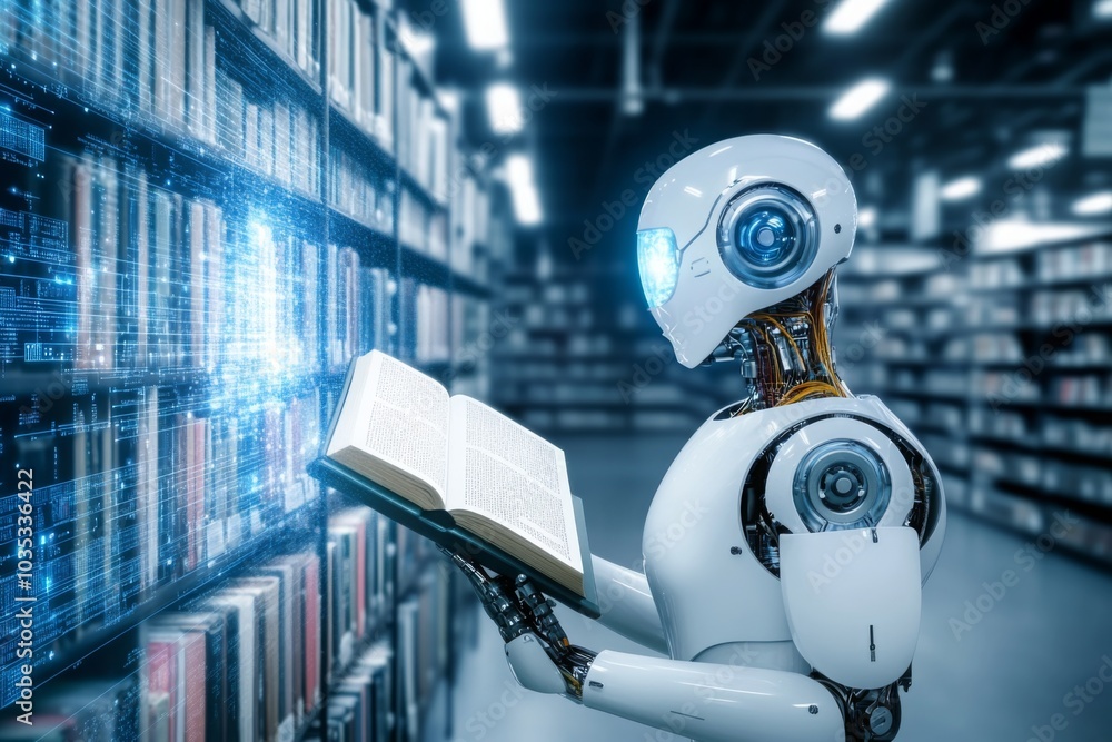 Aufkleber futuristic robot reading a book in a modern library setting