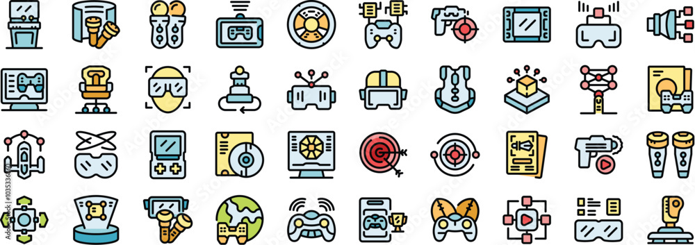 Poster people playing games using virtual reality technology and devices icon set in thin line style