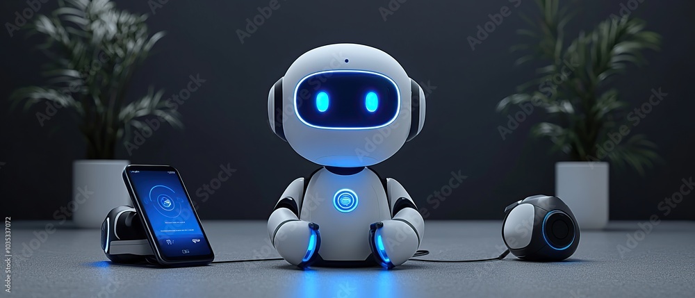 Poster a cute white robot with blue lights sits on a table with a phone and another smaller robot.