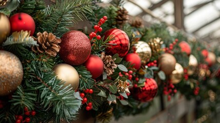 Delightful holiday garland adorned with red and gold ornaments, pinecones, and vibrant greenery at a winter market. Generative AI