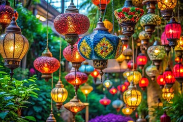 Fototapeta premium Colorful Lanterns Hanging in a Vibrant Landscape Setting for Stock Photography