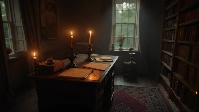 Candlelit desk in front of a window with soft light entering, creating a serene and quiet mood in a study room