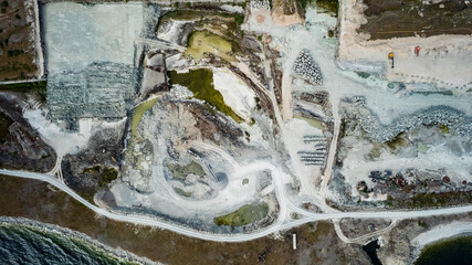 Aerial view of a coastal mine with excavators and beach, Oland Island, Sweden.