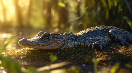 Fototapeta premium A cute baby alligator resting in the sun