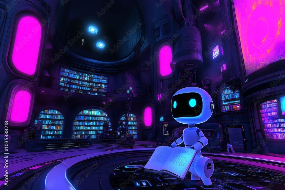 Poster futuristic robot library with neon lighting and sci-fi vibes