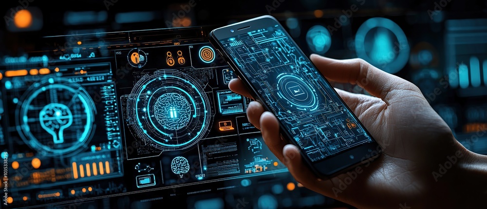 Poster a close-up shot of a hand holding a smartphone with a futuristic interface showing a brain icon and 
