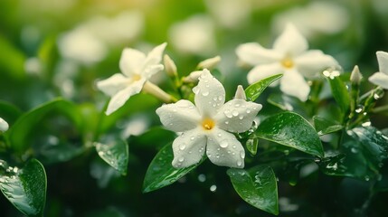 Obraz premium White Flower with Water Droplets on Green Foliage