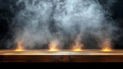 Wooden Tabletop with Smoke and Lights - Perfect for Product Display or Background