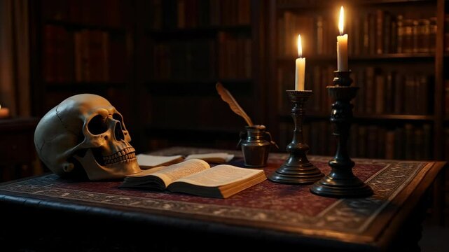 Skull and candle on a wooden desk in a dark, antique library, creating a gothic and mysterious atmosphere