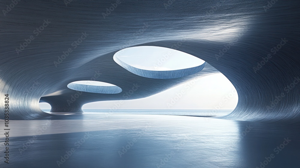 Poster captivating 3d render of a wave-like architectural structure