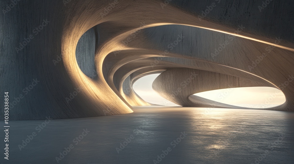 Poster captivating 3d render of a wave-like architectural structure