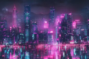 Obraz premium Futuristic Neon Cityscape Reflecting in Water at Night