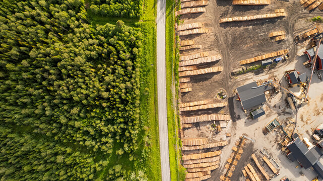 Aerial view of a wood factory surrounded by deforested land and log piles, Haxas, Sweden.