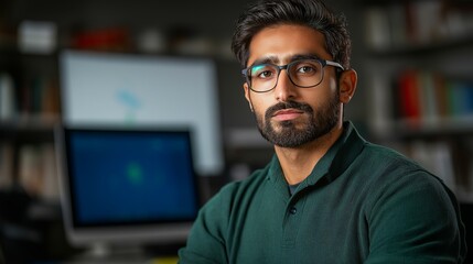Confident Young Professional Working in Modern Office with Computer in Background