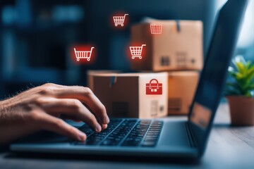 A person shopping online with a laptop, surrounded by delivery boxes and shopping cart icons, representing e-commerce.