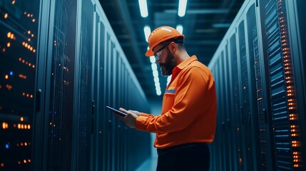 Indian IT Engineer Using Tablet to Monitor Data Servers in High-Tech Data Center