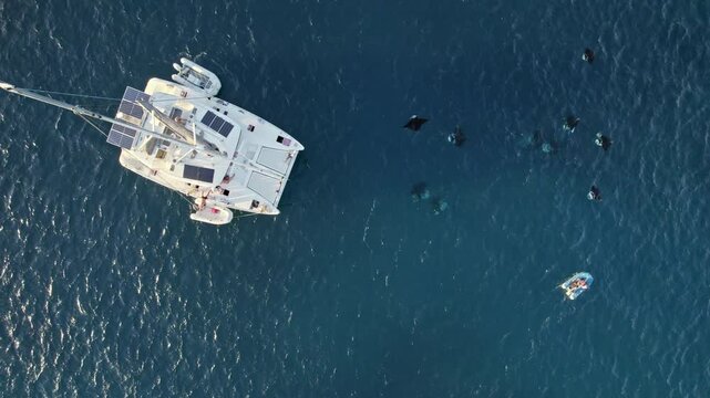 Aerial View Of Manta Rays Swimming Beside A Catamaran