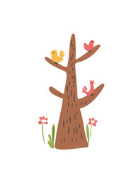 Cute Tree with Birds on Branches in a Children's Cartoon Style