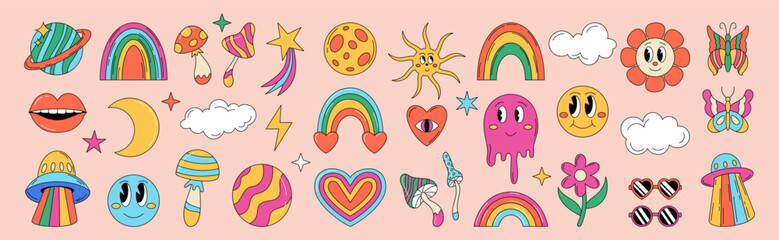 Hippie groovy sticker. Icon 70s flower, heart, rainbow and space elements. Crazy Y2K retro vintage design art. Psychedelic smile, fun mushroom. Vector garish cartoon characters isolated illustration