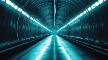 A long, illuminated tunnel with a blue, metallic finish.