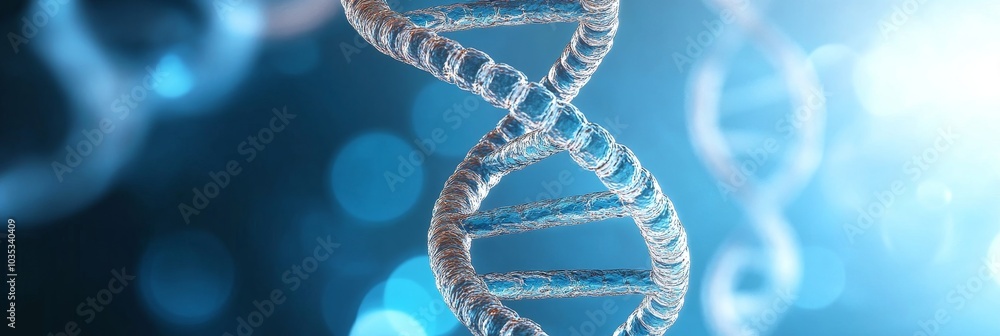 Poster close-up of a dna double helix structure on an abstract blue background, representing genetic code.