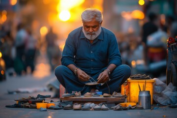 Indian Street Shoemaker Focused on Repairing Shoes in a Busy Urban Market