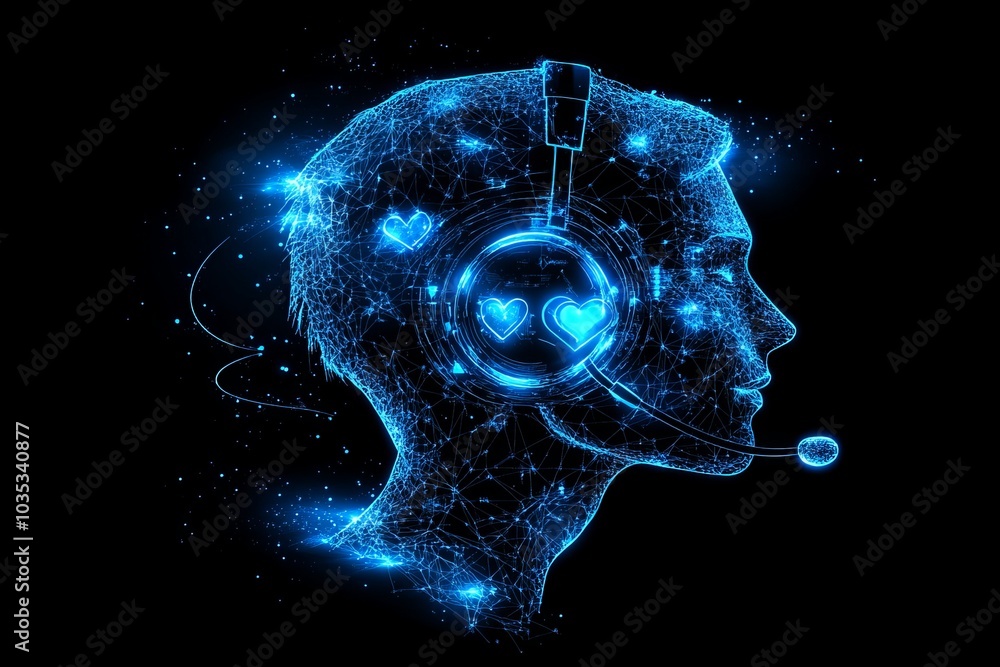 Poster Digital illustration of a person’s head composed of glowing blue particles symbolizing artificial intelligence tech driven creativity and modern digital interaction in a futuristic setting