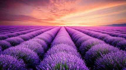 Obraz premium Lavender Field at Sunset with a Dramatic Sky