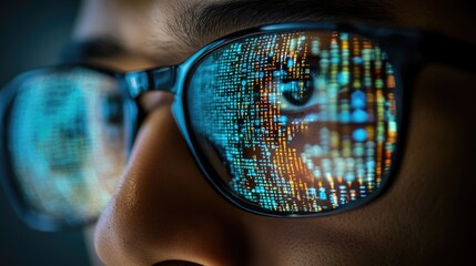 Person wearing glasses with code reflected. The image represents technology and data analysis.