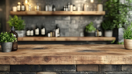 Rustic Wooden Countertop with Brick Background and Plants in Pots